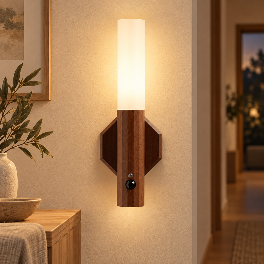 OVENIQO Halo rechargeable dark walnut motion sensor wall light glowing in a warm modern hallway