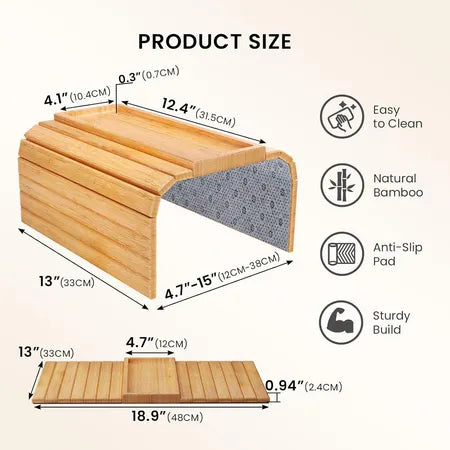 OVENIQO Bamboo Couch Arm Tray in use